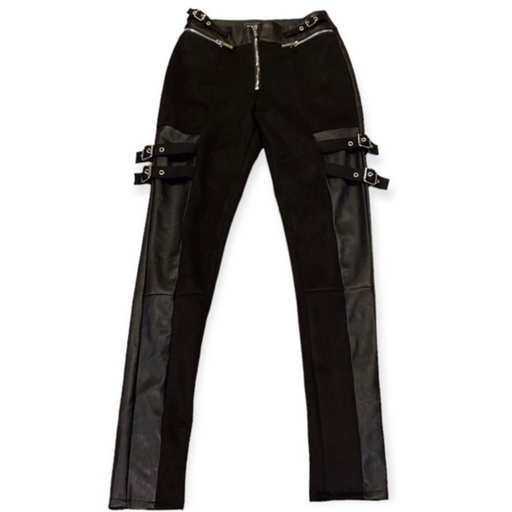 Manière De Voir Vegan Leather Buckle Strap Pants – Black, High Waist, Statement